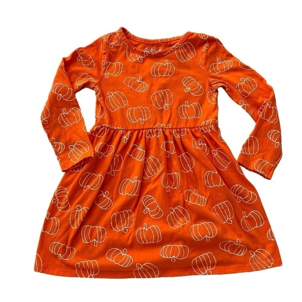 Cat & Jack orange pumpkin long sleeve a-line cotton stretchy dress size 4T